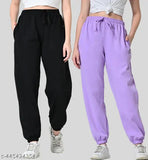 Women Woolen Fleece Black and Lavendar Combo Jogger Pant for Winter