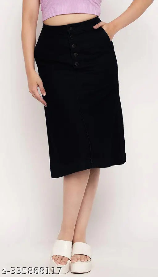 Z Black Front Pocket Buttoned A-Line Long Denim Woman Skirt