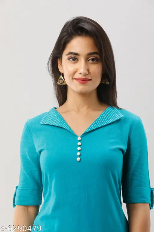 Japer Kurti Women's Cotton Slub Solid Teal Blue Color Embroidered Collar Assymetrical Hem Kurti