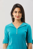 Japer Kurti Women's Cotton Slub Solid Teal Blue Color Embroidered Collar Assymetrical Hem Kurti