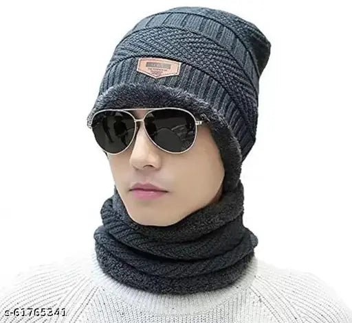 UNISEX WINTER SOFT WARM SNOW WOOLEN BEANIE CAP WITH SCARF- 1SET Caps & Hats