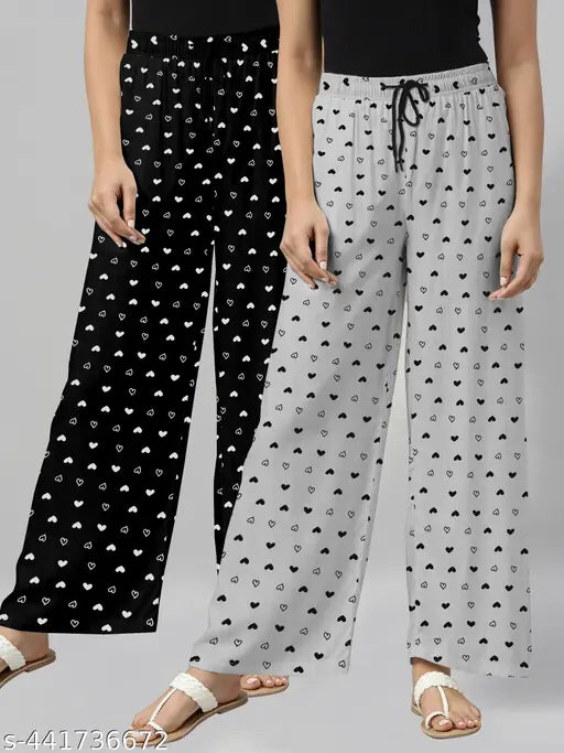 Women Black/Grey Pack Of 2 Printed Pure Cotton Pyjamas.Combo Pack Of 2