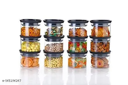 Pack Of 12 Air Tight Round Kitchen Storage Container for Rice | Dal | Atta, BPA-Free, Flour | Cereals | Snacks | Stackable | Modular ,500 Ml (Black)