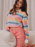 IT'S Sweet tshirt MAGIC RAINBOW STRIPED POLO CROP Top Tshirt Half Button Long Sleeve for Teen Girl and Women Women Regular Sleeves Printed Multicolor crop Top Multicoloured Fitted Crop Top Women's Rainbow Crop Top Multicoloured Tie and Dye Crop Top