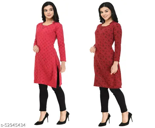 Women's Short Kurti Printed Red Woollen Kurti