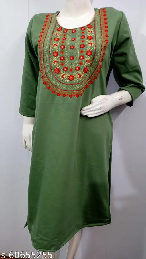 Women's Straight Embroidered Green Woollen Kurti