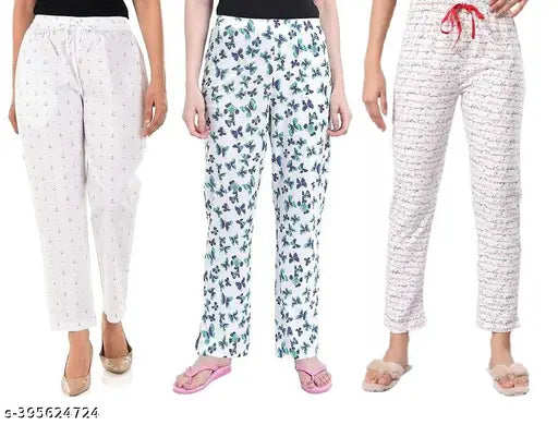 Premium Stretchable Cotton Pajama without pocket for women with multiple designs on white base you will get whatever is available Pack of 3