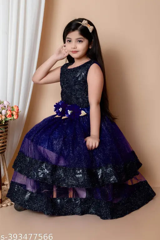 "Shop Stylish Printed Double-Layered Ankle-Length Gown Dresses in Maroon, Navy Blue, Bottle Green, and Purple for 2-7 Year Old Girls – Premium Comfortable in Super Net Fabric!"(Pack of 1)