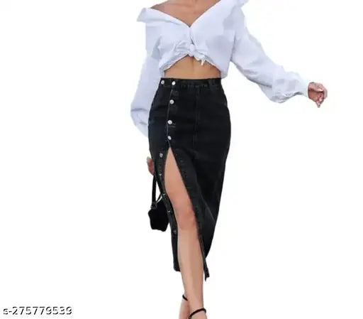 High waist Woman Stylish Black Long Denim Skirt