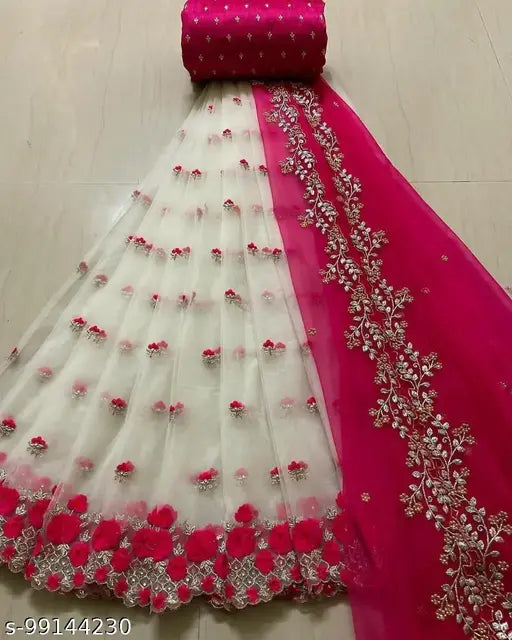 """""Women's Georgette Pleated Embroidered Semi Stitched """""Net Lehenga Choli with Dupatta"""""White