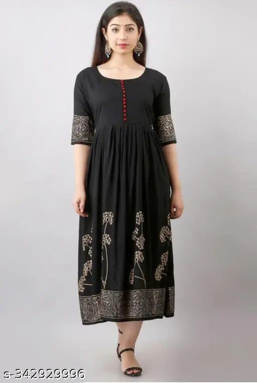 Traditional Flower Printed Anarkali Kurta For women And Girl(Black)