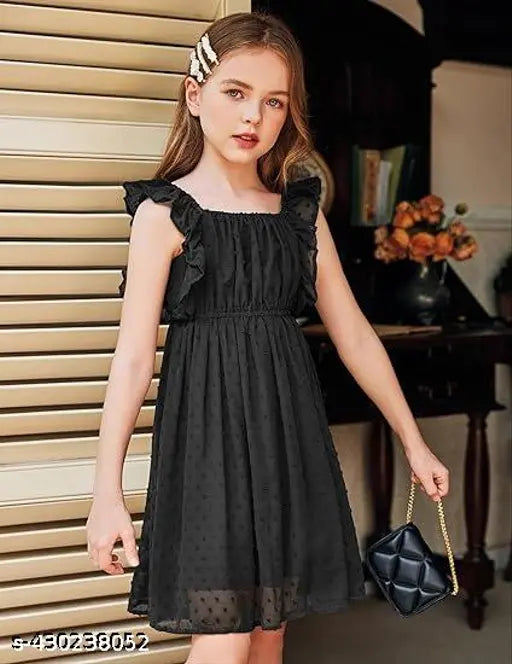 Girls Ruffle Sleeve Swiss Dot Dress Stretchy A-Line Flutter Sleeve Casual Dress for 3-12 Years Kids