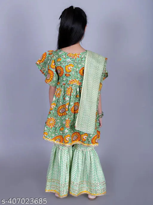 FabJunior Girls Green Cotton Floral Print Anarkali/Flared Kurta, Sharara & Dupatta Set