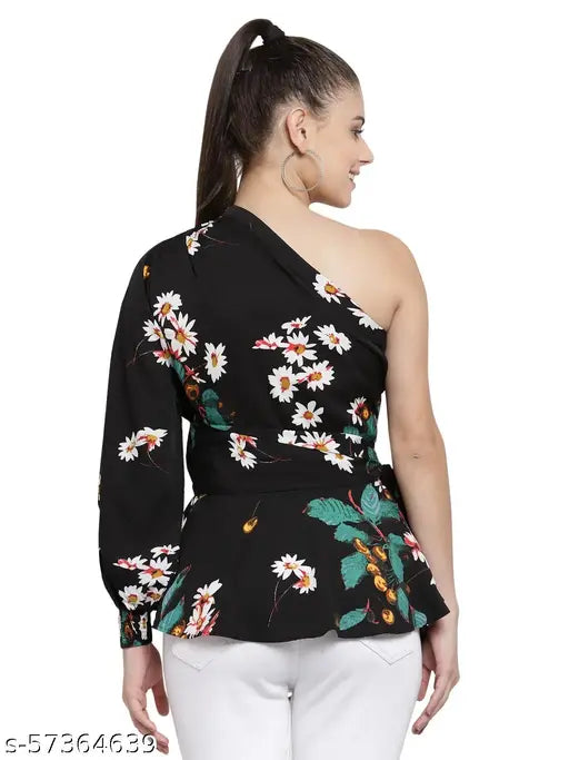 Style Quotient Women Black Floral One Shoulder Crepe Regular Longline Top