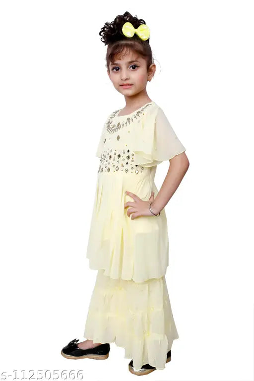 Hariyal Creation Kids Party/Festive Lemon Designer Embroidery Kurta and Sharara Suit For Girls