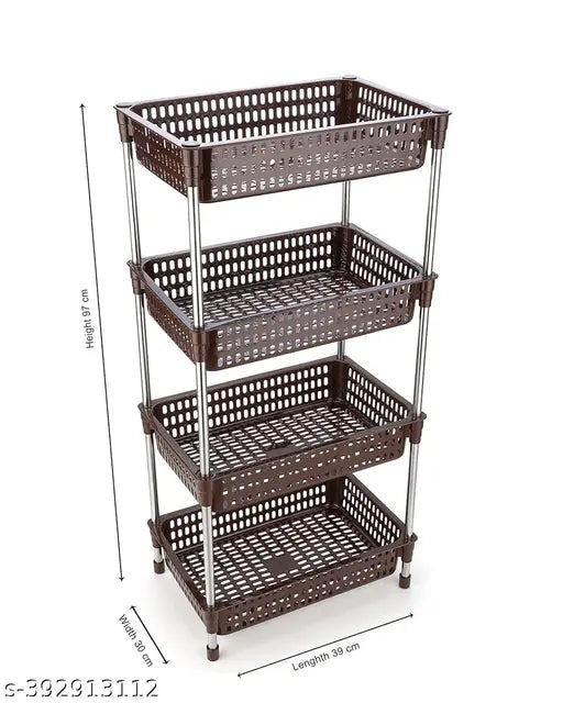 Bience Plastic Kitchen Stand Rack Basket for,Vegetable Plastic Basket, Stackable Storage Cart with Steel Pipe, Utility Rolling Stand Rack for Kitchen, (4 Layers, Brown)