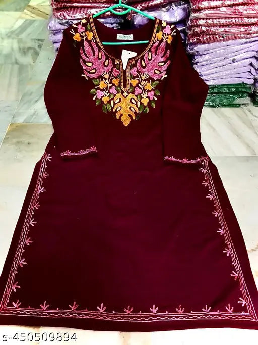 Wine Woolen Knitted Kurta with Kashmiri Embroidery