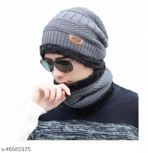 Alexvyan Grey Cap with Scarf Snow-Proof (Inside Fur) Woollen Beanie Cap with Warm Winter Scarf For Men's & Boy's