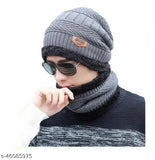 Alexvyan Grey Cap with Scarf Snow-Proof (Inside Fur) Woollen Beanie Cap with Warm Winter Scarf For Men's & Boy's