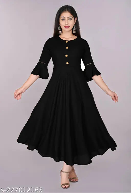 Unique Stylist Women's Solid Round Flared Kurti (Black)