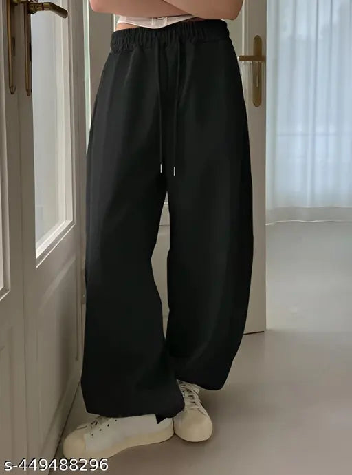 Women Straight Fit Plain Black Jogger With Pockets , Straight Fit Black Pajama