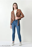 Tan short belt biker faux leather jacket