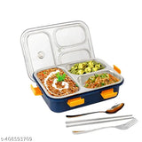 Box Sealed Leakage Proof Stainless Steel Lunch Box with Fork,Chopstick & Spoon Lid Office Food Container 3 Compartment for School Kids and Adults, 750ml (Blue)