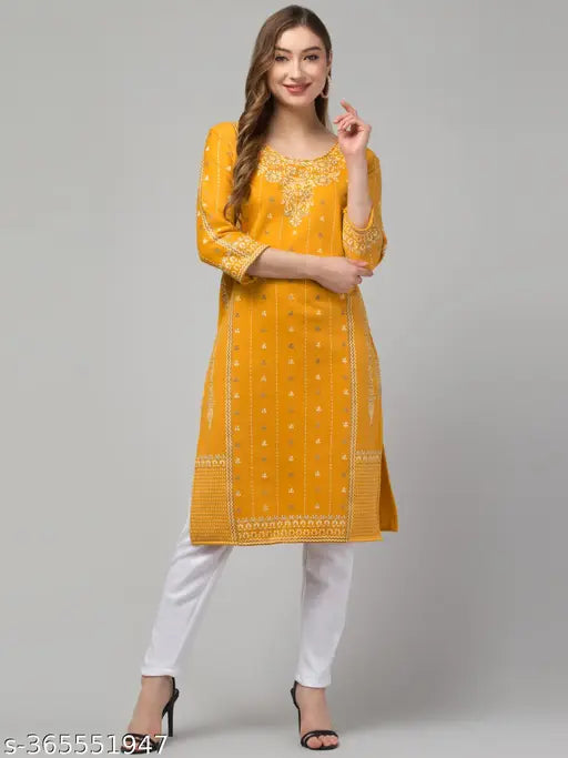 WOOLEN KURTI,PRINTED A-LINE KURTA ,LATEST WOLEN KURTI YELLOW