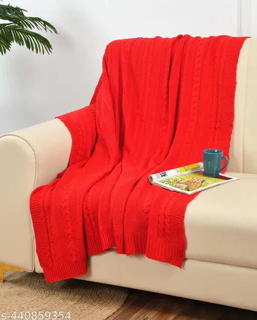 HomewayTex Blossom Knitted Cotton Loop Throw, Sofa Throw,Bed Throw and Blanket Elc. Size:-130X180 CMS OR 52X70" , Colour:- Red