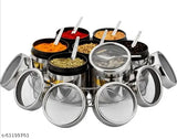 DARAZ Multipurpose Stainless Steel Masala Dabba /Masala Box / Spice Box / Spice Jar / Mukhwas Dani / Condiments Box/ Condiments Jar / Dry Fruits Box / Dry Fruits Jar with Spoons and Stylish Wire Stand Set of 7