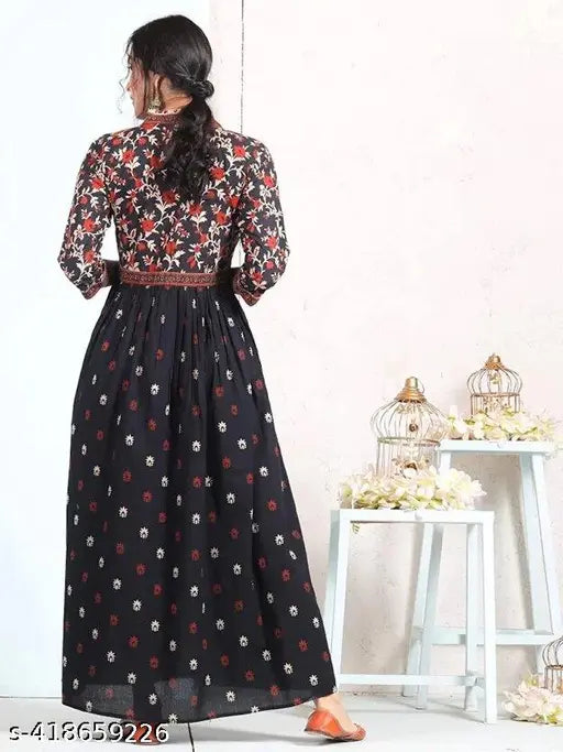 Trendy New Stylish Rayon Black Floral Printed Anarkali Kurti Gown for Women & Girls - Casual, Festival, Ethnic, and Party Wear