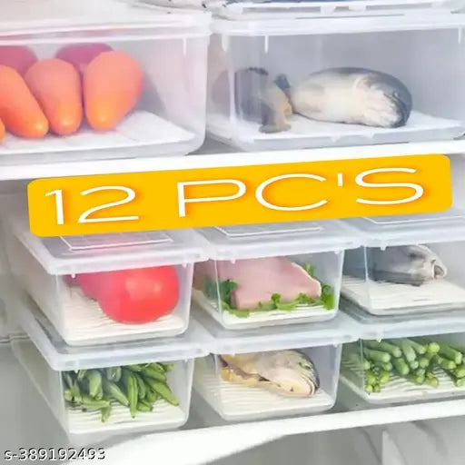 Blisz Food Grade Plastic Fridge Storage Container, Food Container, Fridge Organizer Case With Removable Drain Plate Freezer Container Boxes For Storing Fish, Meat, Vegetables - (PACK OF 12)