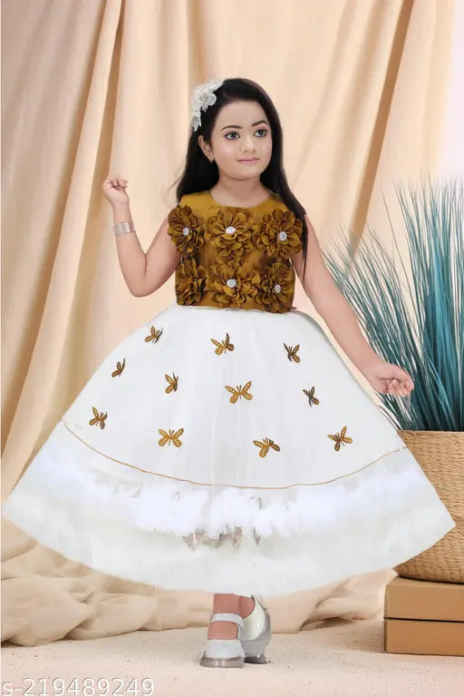 Elegant 3D Flower Designer Frock with Gold Butterfly and Floral Embellishments for Girls