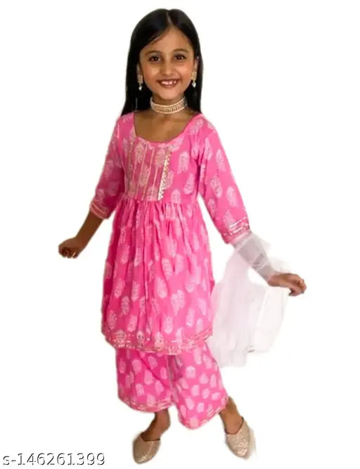 Pastel Pink Kurti-Plazzo Set with white shimmered net dupatta