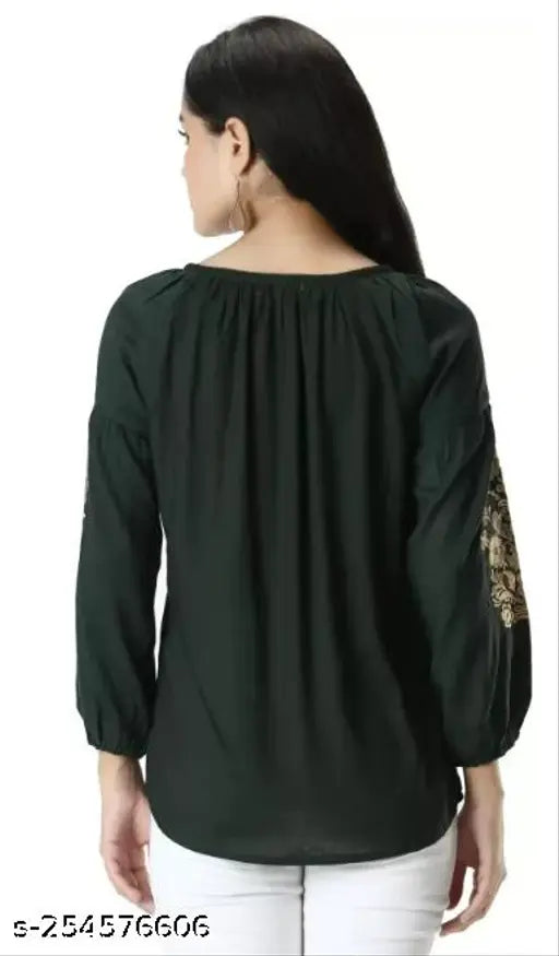 Comfy Latest Women Tops & Tunics Women Embroidered Viscose Rayon Flared Kurta (GREEN) WOMEN TOP AND TUNIC ORANGE GREEN EMBROIDERY TOP FOR GIRLS AND WOMENTOP WITH THREE QUATER SLEEVE WITH BORDER EMBROIDERY ON SLEEVE