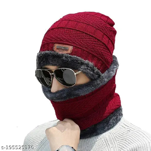 EliteX Premium Universal Snow Proof Red Fur Wool Knitted Beanie Cap with Neck Muffler With Thick Fleece for Men/Women