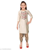 Sevgi Girl's Dupion Cotton Embroidered Kurta with Joggers Pant