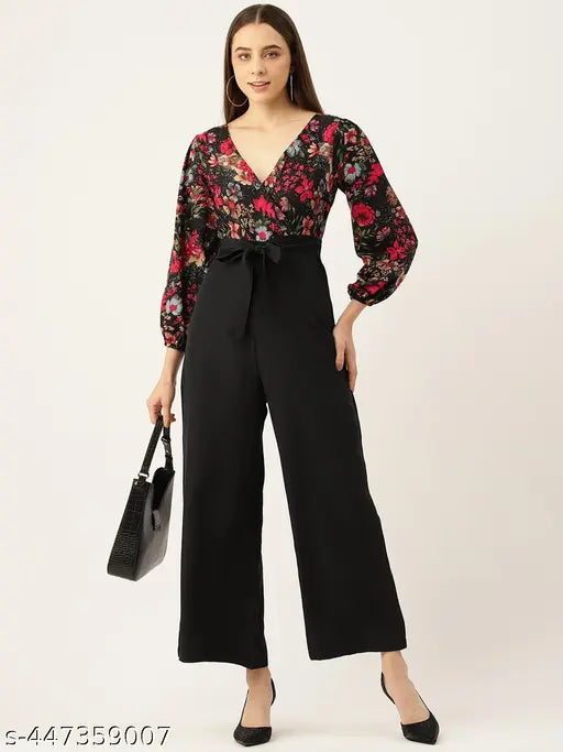 Floral Printed V-Neck Basic Jumpsuit