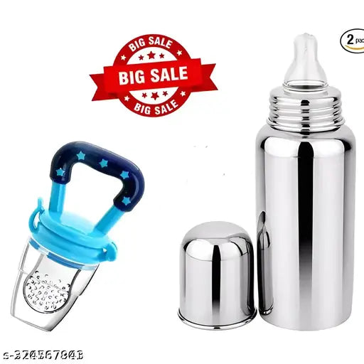 Stainless Steel Feeding Bottle with Fruit Feeder/Pacifier 304 Grade Steel, BPA Free, No Plastics, No Leakage, 250 ml Bottle +1 Fruit Feeder (green , 50 ml)