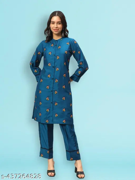 Growish Women's Co-ord Set - Silk Blend Fabric, Embroidered Kurta, Ankle Length Trouser - Stylish Ethnic Wear for All Occasions