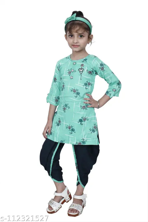 Hariyal Creation Kids Party/Festive Rama Green Designer Checked Patiala Suit For Girls