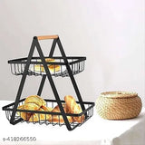 FreshDcart Double Layer Kitchen Fruit Holder Rack Vegetable Basket with Wood Handle for Home Kitchens (Black)