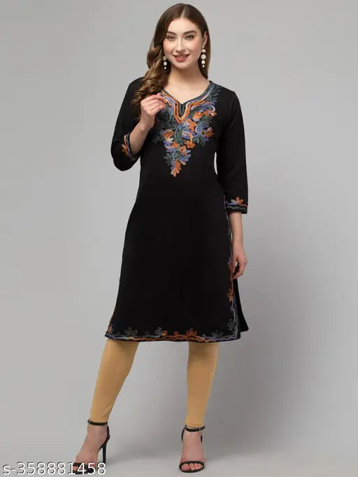 Women's Straight Embroidered Wool Designer Lace Kurti Woolen Kurti for winter Wear woman Lace Kurti embroidery Kurti Aari work winter Wear Kurtis for girls and women Woolen kurti Party Wear kurti for winter wear woman kurti For Lace Embroidery kurti