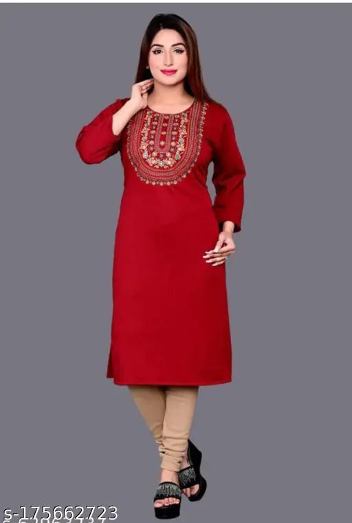 Women's Straight Embroidered Woolen Kurtis