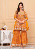 Women's Rayon Orange Embroidered Anarkali Kurti with Sharara and Dupatta Set || 3 Piece Sharara Set || Trending Suit set