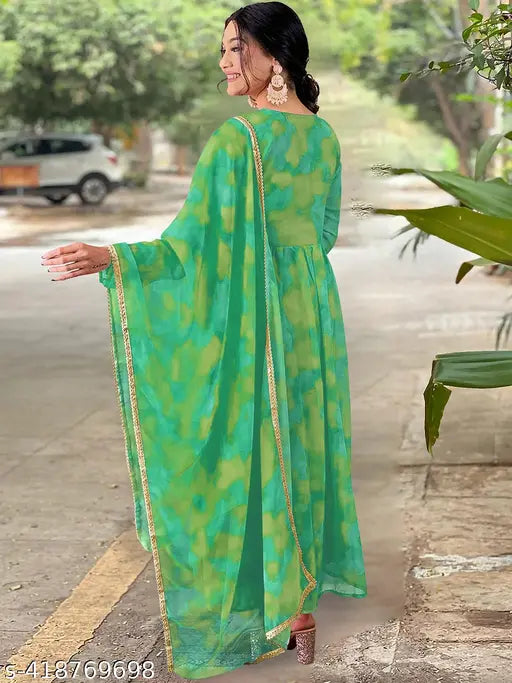 Women Designer Floral Georgette kurta Gown Trending Stylish Casual Partywear Traditional kurti Dupatta Sets Trending Fancy Kurta Set for Women | for Casual | Office | Festival Wear Partywear(NO Bottomwear)