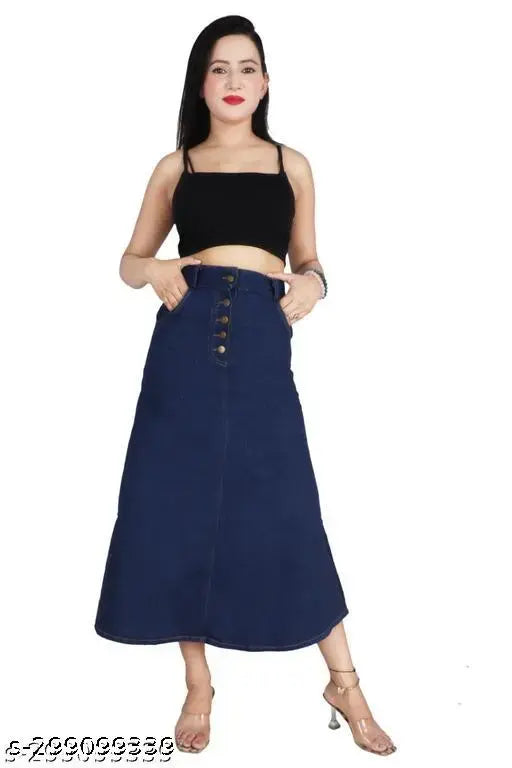 Dobby Denim Long Skirt With 5 Button