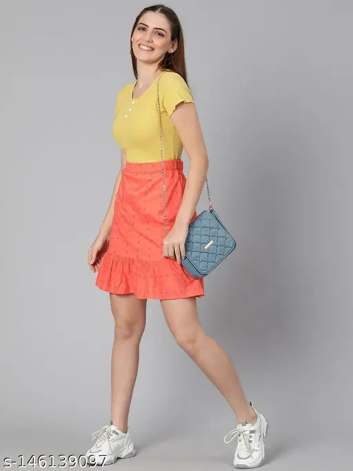 Oxolloxo Solid Color Regular Fit Orange Women Cotton Skirt