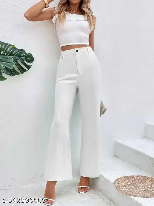 Trendy Regular Fit Full Length Cotton Blend White Color Women Pant Women Trouser