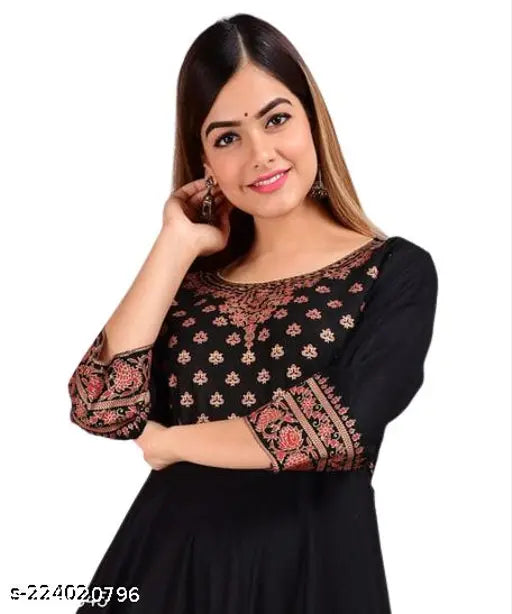 Women Rayon Printed Anarkali Kurti (Black)